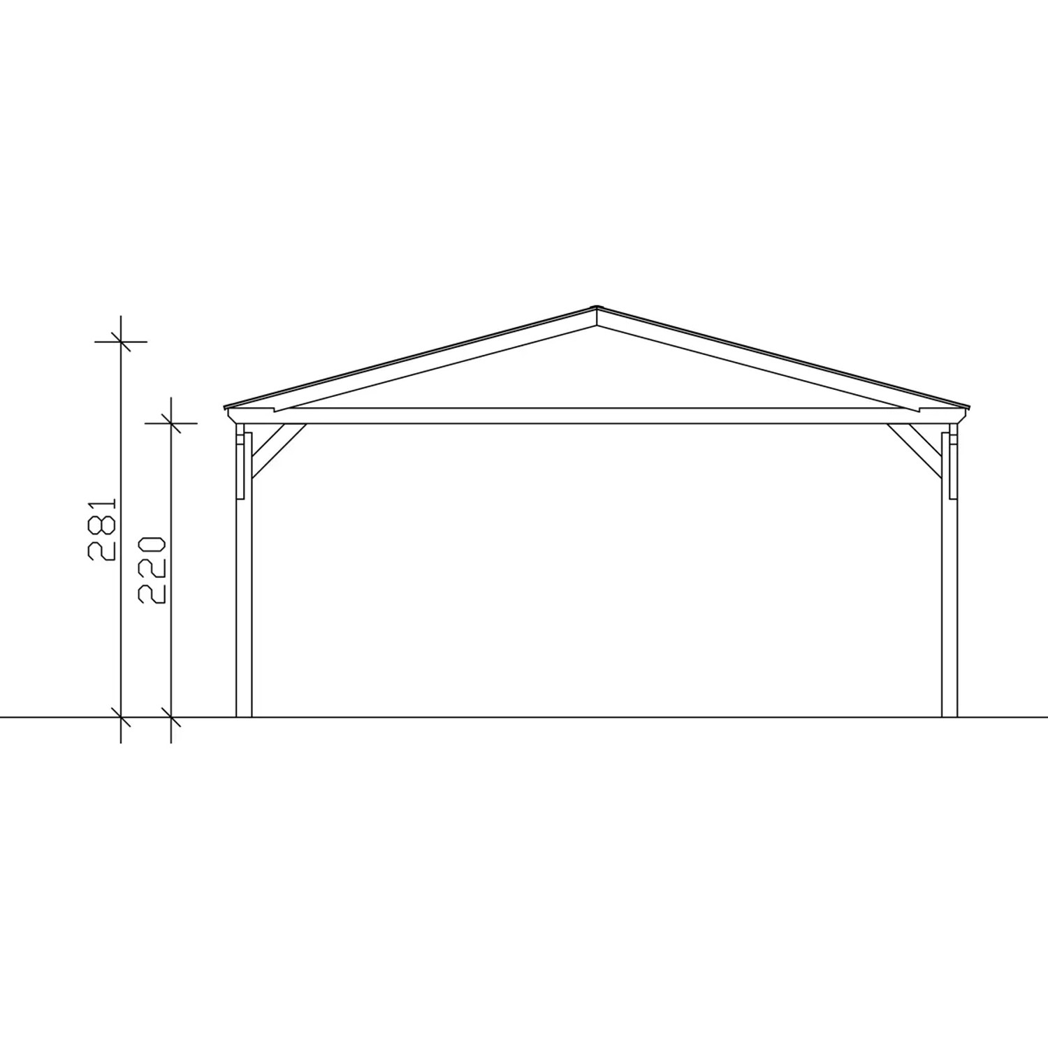 Skizze Carport Westerwald: Doppelcarport mit Maßen und geraden Kopfbändern.