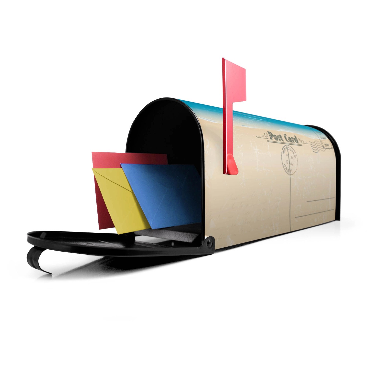 Offener, schwarzer Banjado US Briefkasten mit Postkarten-Motiv und Briefen in rot, gelb und blau.