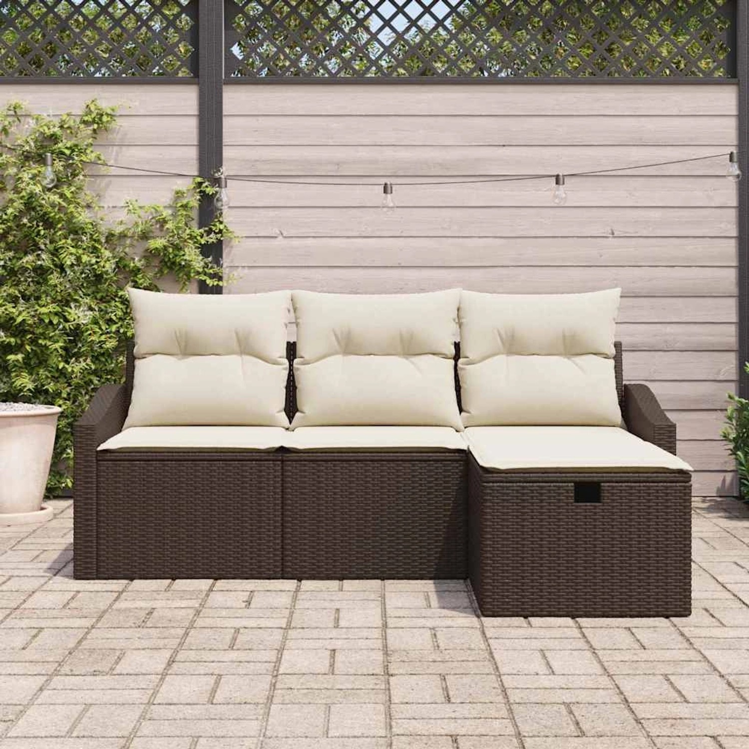 Braunes vidaXL Garten-Sofa-Set aus Rattan mit Kissen und Stauraum.