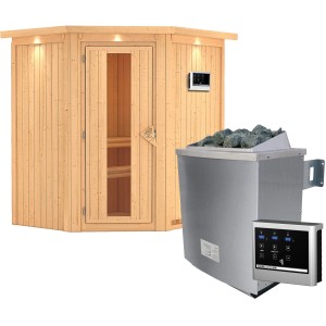 Karibu Sauna Tjorven mit Ofen und LED-Dachkranz. Massivholzsauna mit Glastür und externer Steuerung.