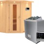Karibu Sauna Tjorven mit Ofen und LED-Dachkranz. Massivholzsauna mit Glastür und externer Steuerung.