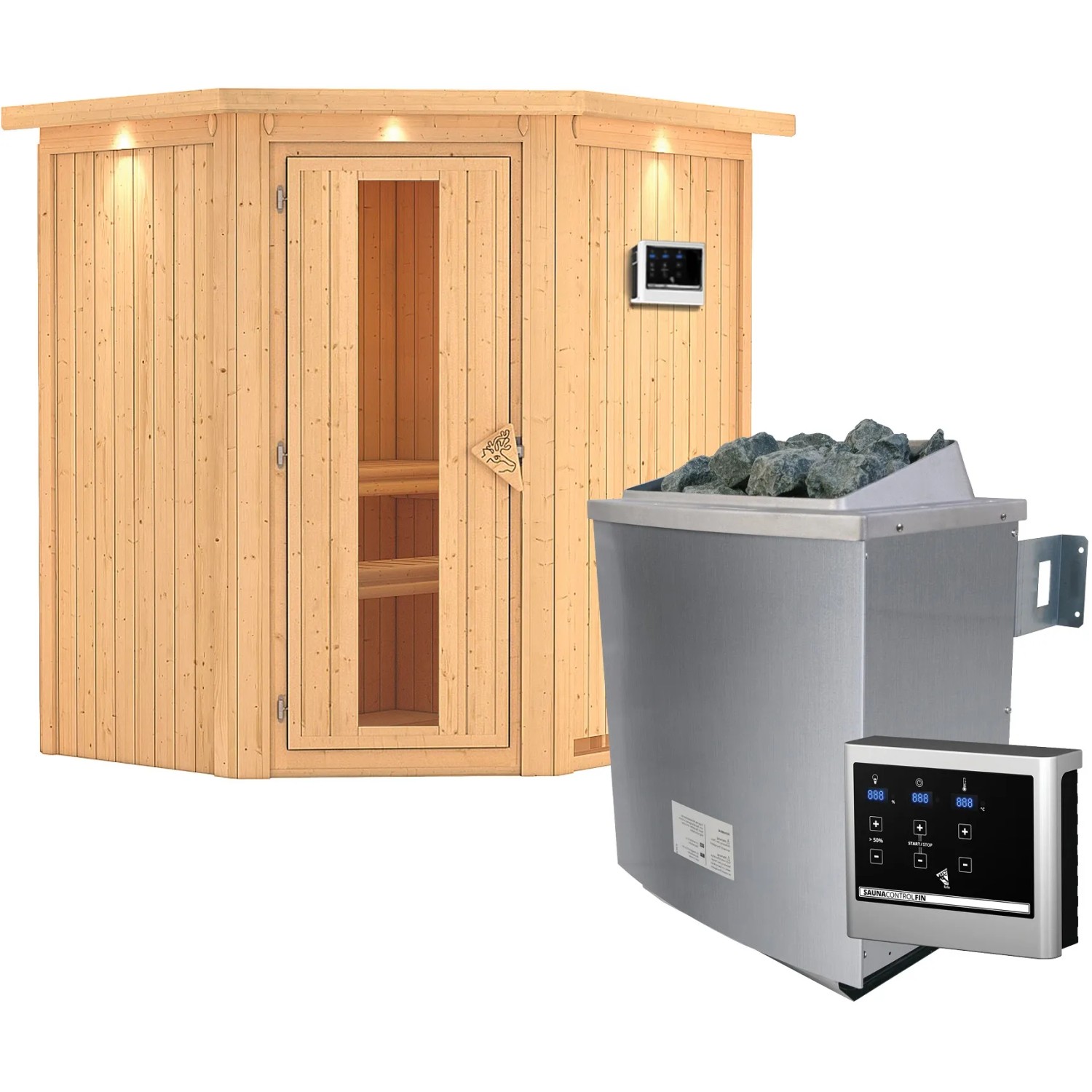 Karibu Sauna Tjorven mit Ofen und LED-Dachkranz. Massivholzsauna mit Glastür und externer Steuerung.