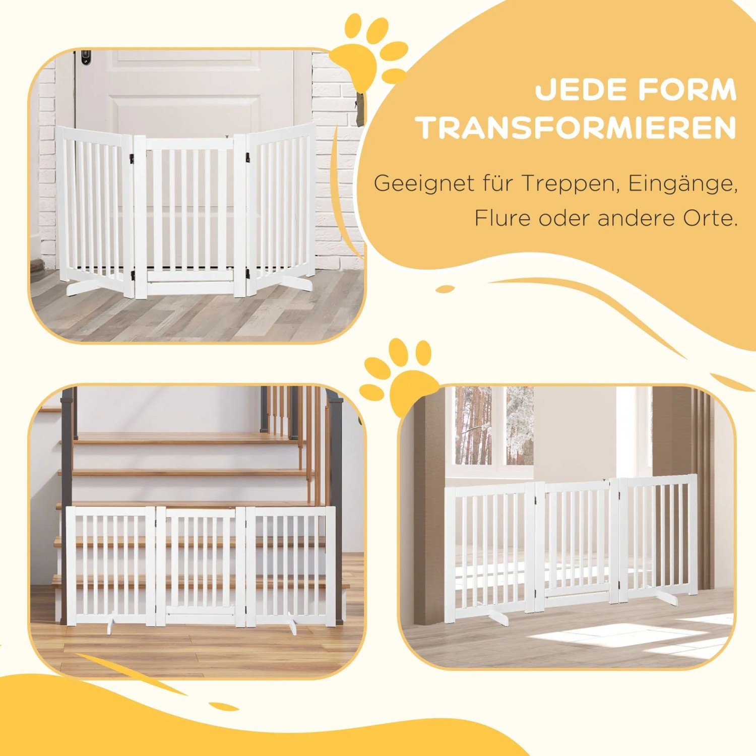 Weißes PawHut Absperrgitter, verstellbar, klappbar, mit Füßen, für Türen, Treppen und Räume. Für kleine Hunde.