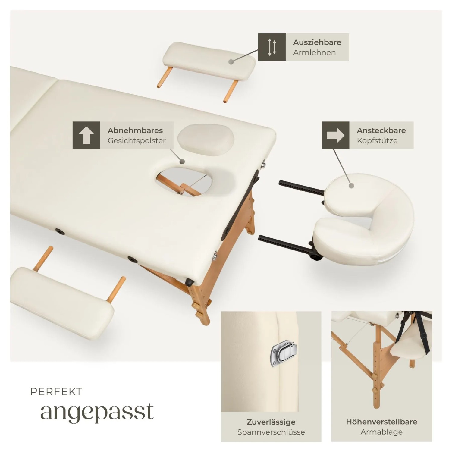 Beige Massageliege Freddi mit Zubehör: Kopfstütze, Armlehnen und Tragetasche.