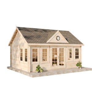Unbehandeltes Alpholz Gartenhaus Clockhouse-XL mit Satteldach, 570x420 cm. Holz-Gartenhaus mit vielen Fenstern.