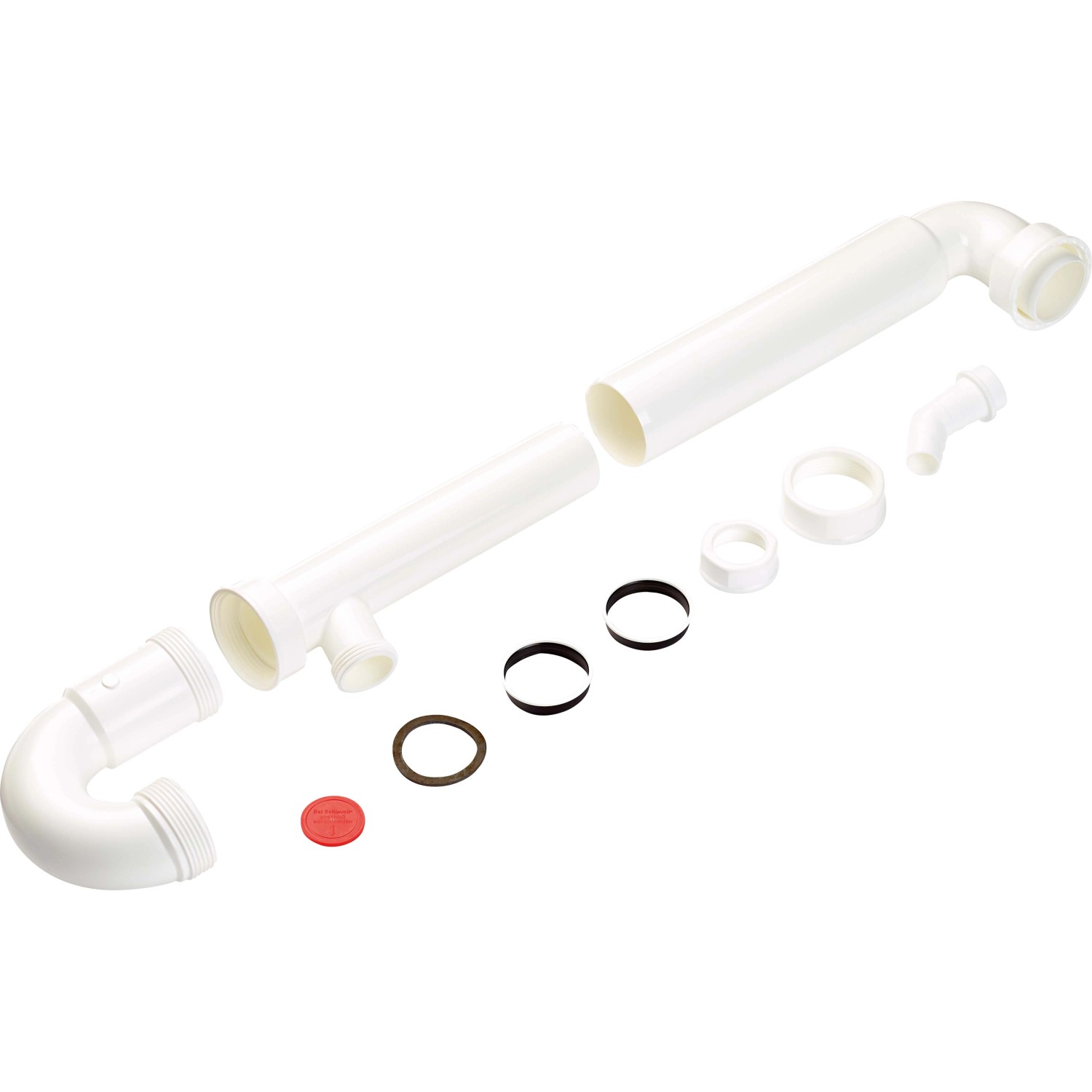 Weißer Röhrensiphon (G 1 1/2) Ø 47,8 mm für Spüle, bestehend aus Rohren und Dichtungen.