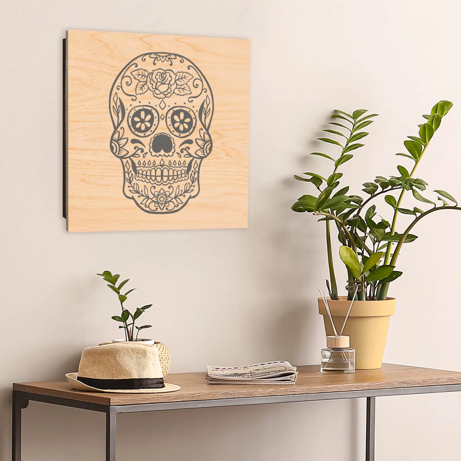 Banjado Schlüsselkasten Holz, 30x30cm, Motiv Sugar Skull. Schlüsselaufbewahrung mit 50 Haken.