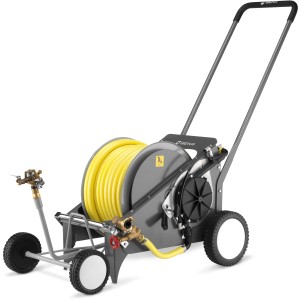 Geka Regnerwagen grau-gelb mit Schlauch und Regner für die Gartenbewässerung.