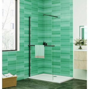 Walk-in Duschwand 90x200cm aus 8mm Klarglas mit schwarzem Rahmen, Duschregal und Stabilisator für moderne Duschen.