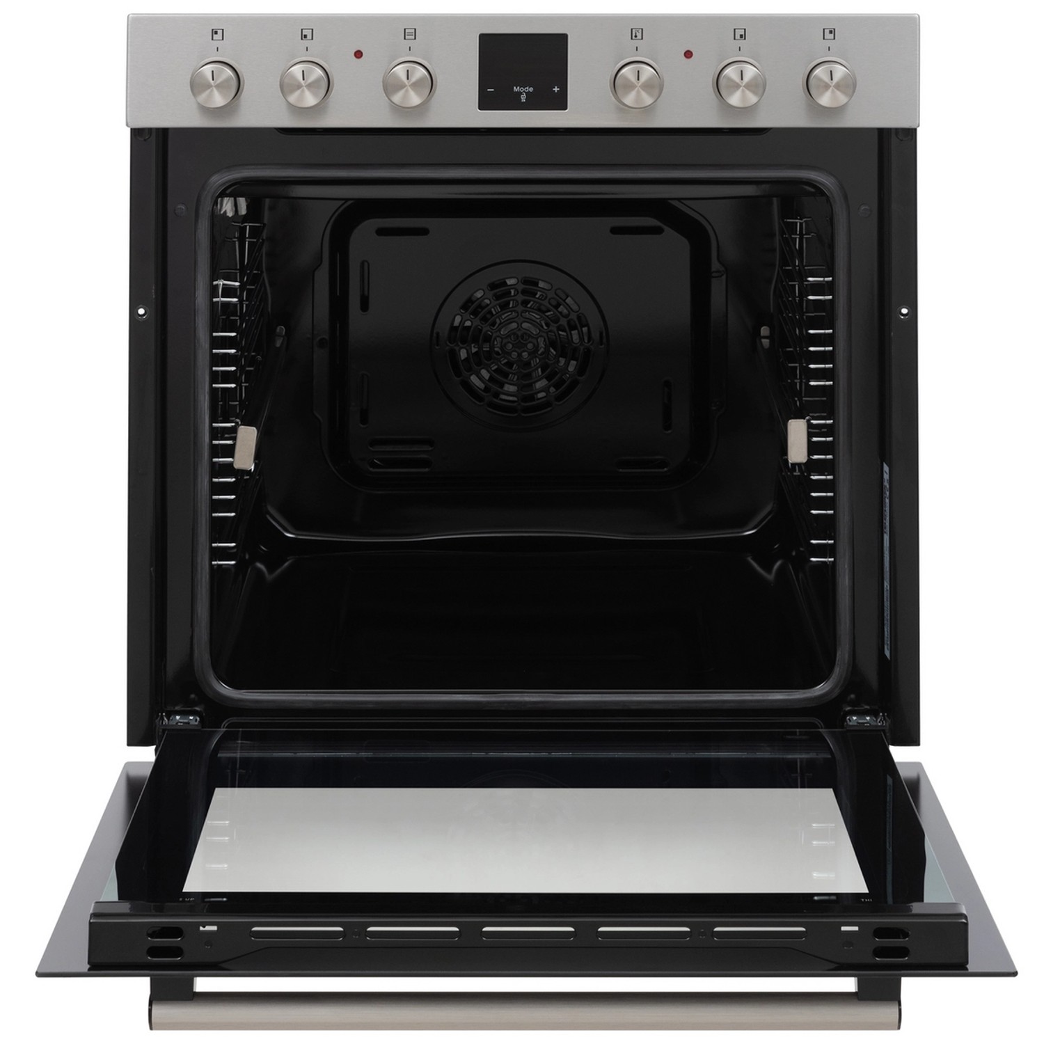 Telefunken Einbauherd-Set mit geöffnetem Backofen und Glaskeramik-Kochfeld.