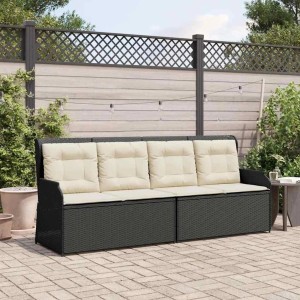 Verstellbare, schwarze vidaXL Gartenbank aus Rattan mit cremefarbenen Kissen. Ideal für Lounge-Gartenmöbel.