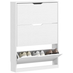 Weißer HOMCOM Schuhschrank mit drei Klappfächern für ca. 12 Paar Schuhe. Kompakte Schuhkommode aus Spanplatte.