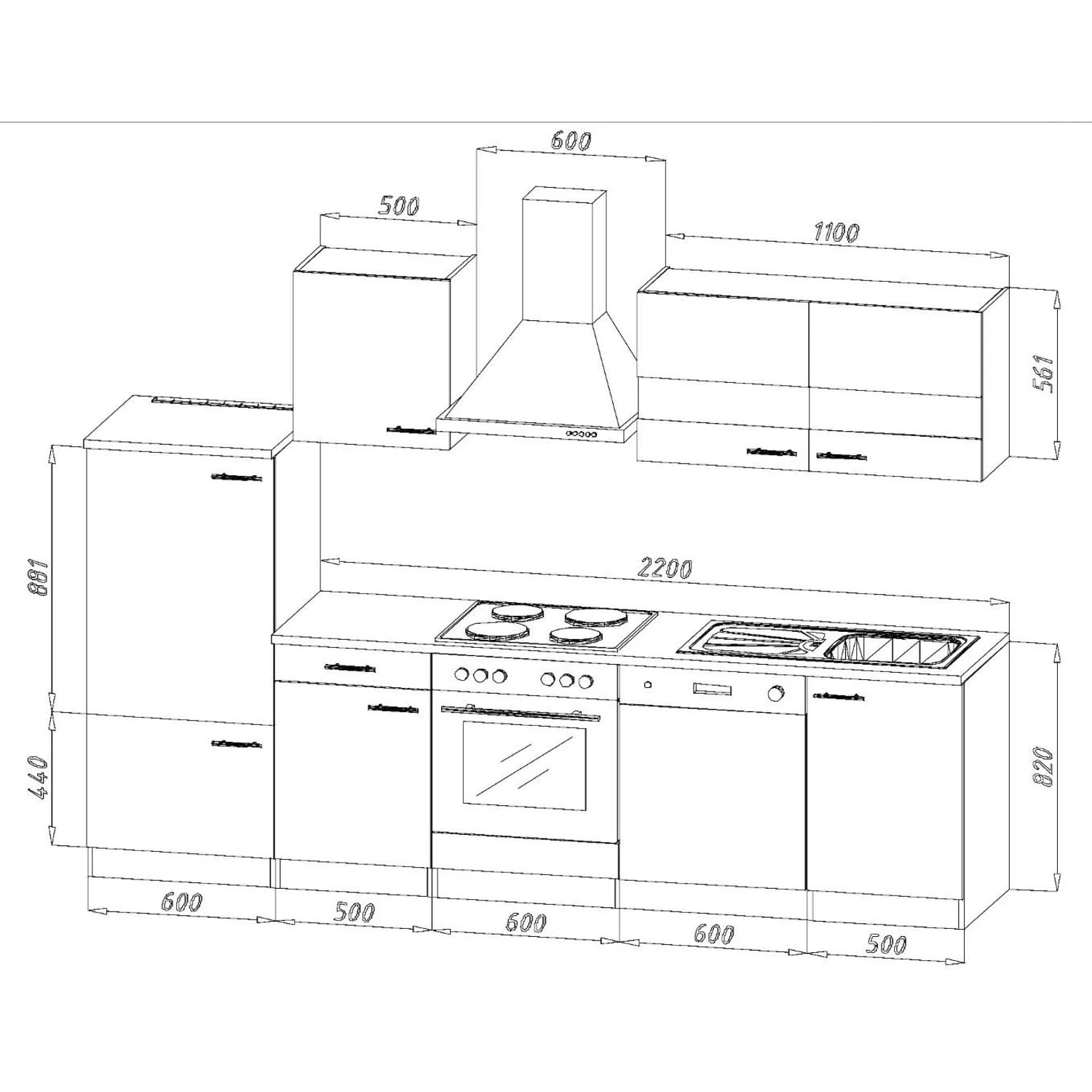 Skizze der Respekta Küchenzeile LBKB280ESW, 280 cm, Weiß/Eiche Sonoma Sägerau, ohne E-Geräte.