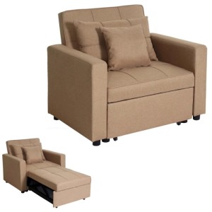Taupefarbener MCW Schlafsessel L90 mit Armlehnen und Kissen, als Sessel und ausziehbare Liege/Bett dargestellt.