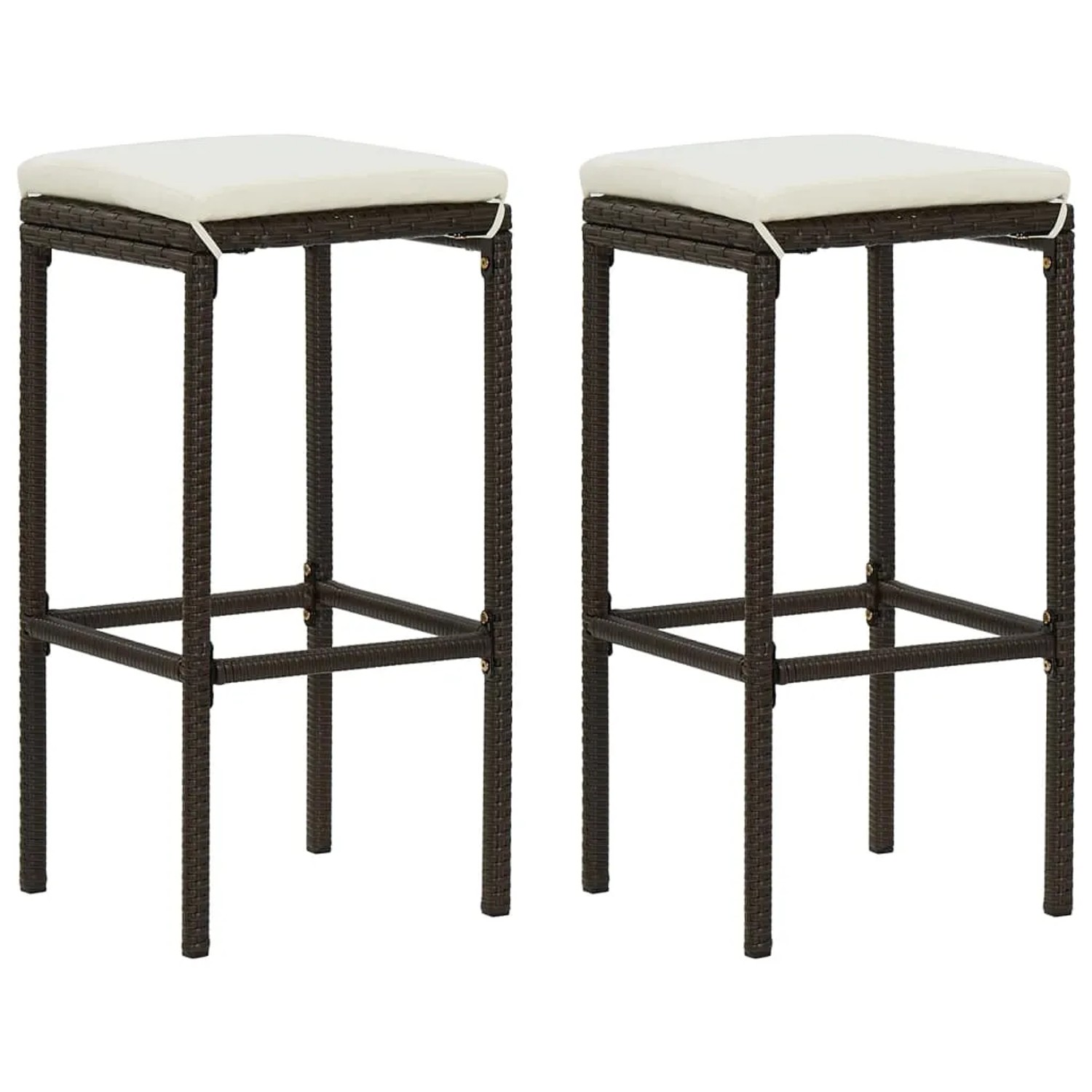 Zwei braune Barhocker aus Rattan mit cremefarbenen Kissen, Teil des vidaXL Gartenbar-Sets.