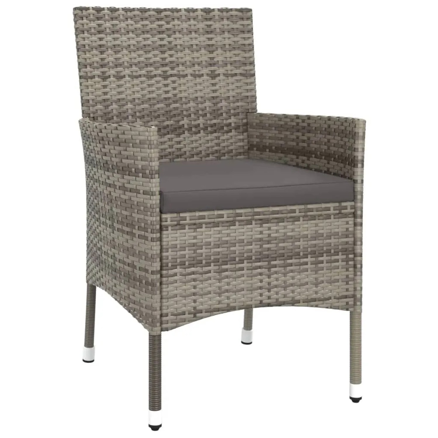 Gartenstuhl aus grauem Poly Rattan mit dunklem Kissen, Teil des 5-tlg. Bistro-Sets.