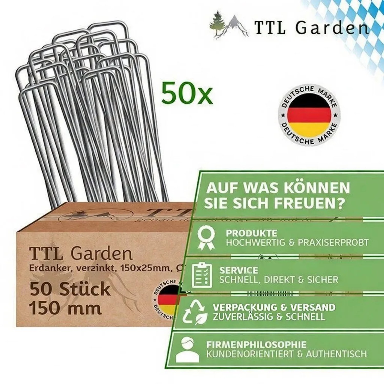 50 verzinkte U-förmige Erdanker von TTL GARDEN, 150x25mm, für Gartenvlies, Unkrautvlies, Zelte und Camping-Befestigung.