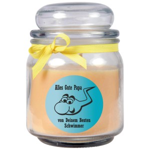 Gelbe Duftkerze im Bonbonglas mit "Alles Gute Papa"-Motiv als Vatertagsgeschenk.