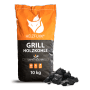 Heizfuxx Grillholzkohle Gastro-Qualität 10kg im orange-schwarzen Sack mit Holzkohle-Stücken.