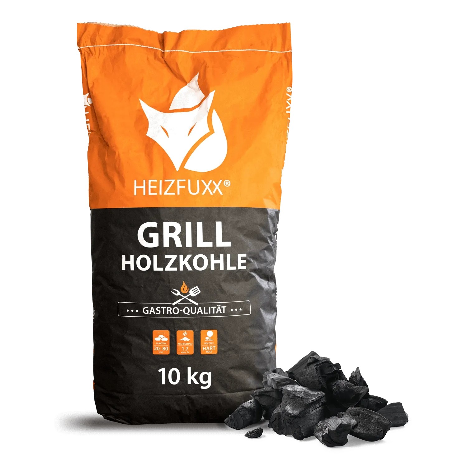 Heizfuxx Grillholzkohle Gastro-Qualität 10kg im orange-schwarzen Sack mit Holzkohle-Stücken.