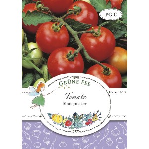Saatgutpackung Grüne Fee Tomate Moneymaker mit roten Tomaten am Strauch.