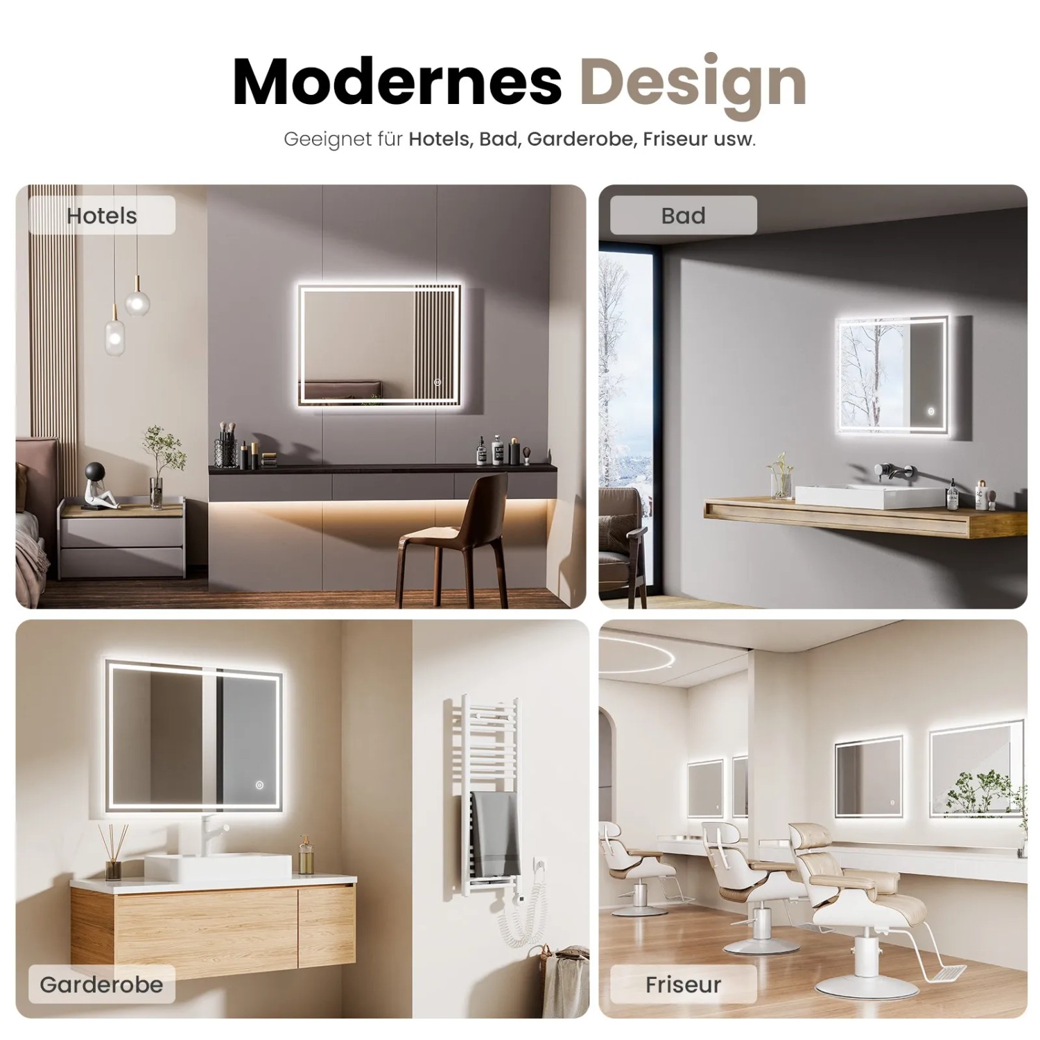 Emke Badspiegel LED mit Antibeschlag, 70x50 cm, in verschiedenen Umgebungen.
