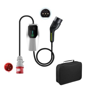 Junsun 11kW Typ 2 EV-Ladegerät: weißes Steuergerät mit LCD, roter CEE-Stecker, schwarzes 6m Kabel, schwarze Tasche.