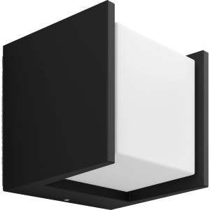 Quadratische Philips Hue Fuzo LED-Wandleuchte in Schwarz/Weiß für den Außenbereich.