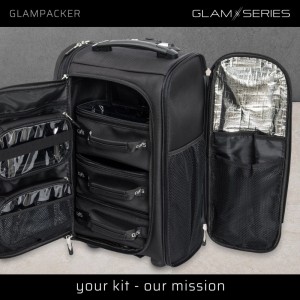 Offener Glamswitcher Trolley Rucksack mit Fächern, Pouches und Hitzeschutzfach. Organizer für Visagisten.