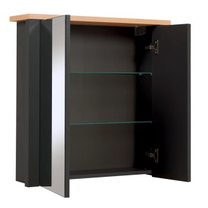 Anthrazit Spiegelschrank Veneto mit Spiegeltür, offener Tür, Holzplatte und zwei Glasböden. Modernes Badmöbel.