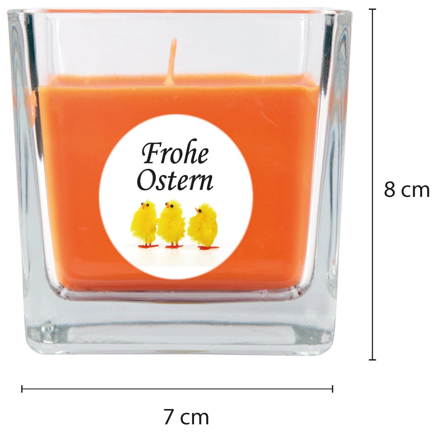 Viereckige Duftkerze im Glas mit Küken-Motiv "Frohe Ostern", Honigmelonen-Duft, 8x7,5cm.