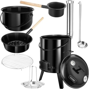 Schwarze Tectake Gulaschkanone Rocket aus Stahl mit 17L Topf, Pfanne, Grillrost und Schöpfkelle für Outdoor-Kochen.