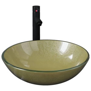 Rundes goldenes Glas-Waschbecken mit strukturierter Oberfläche und hohem schwarzem Wasserhahn. Für Einzelwaschtische.