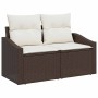 Braunes vidaXL Gartenmöbel-Set aus Poly-Rattan mit creme-farbenen Kissen.