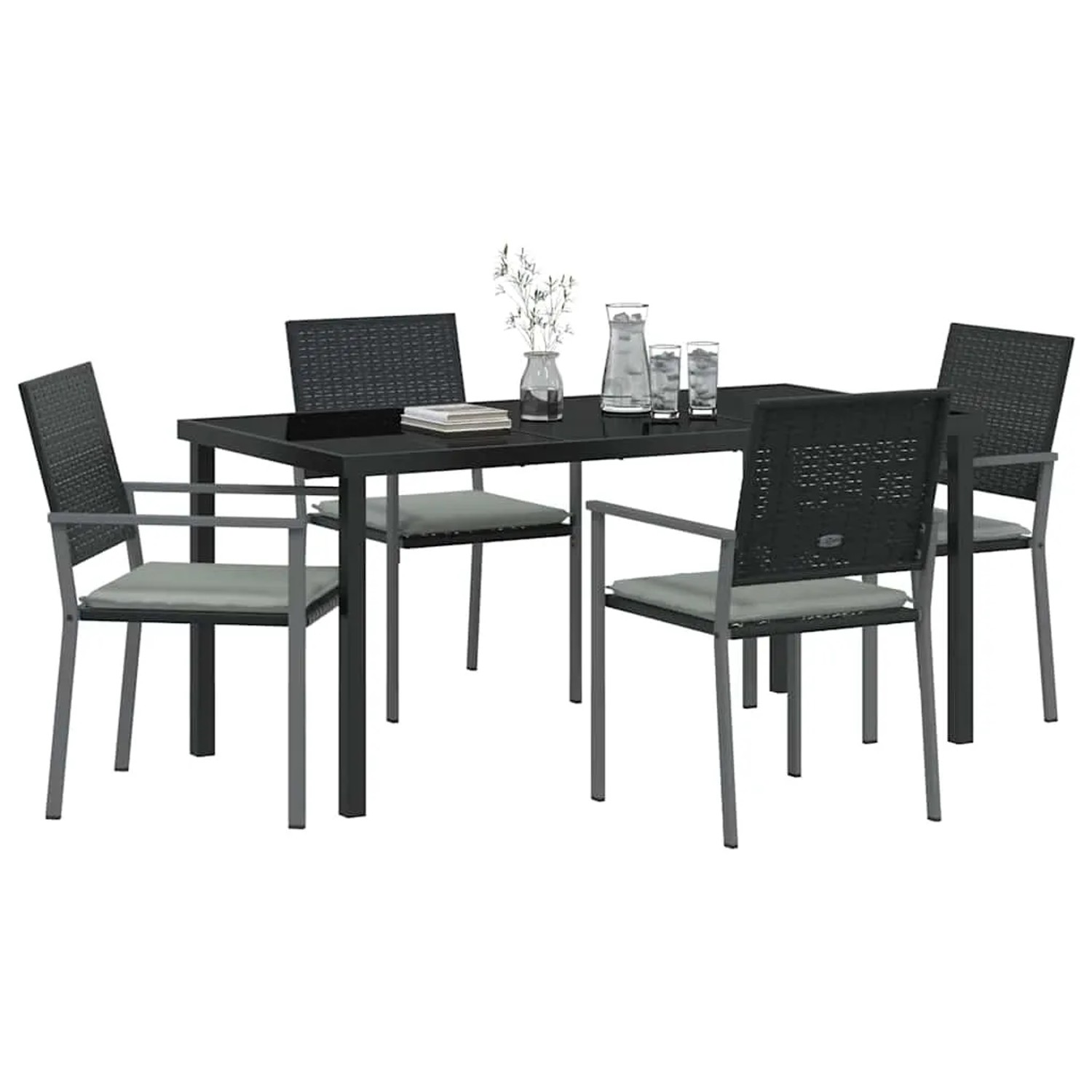 Schwarze 5-teilige vidaXL Garten Essgruppe aus Poly Rattan mit Tisch und vier Stühlen.