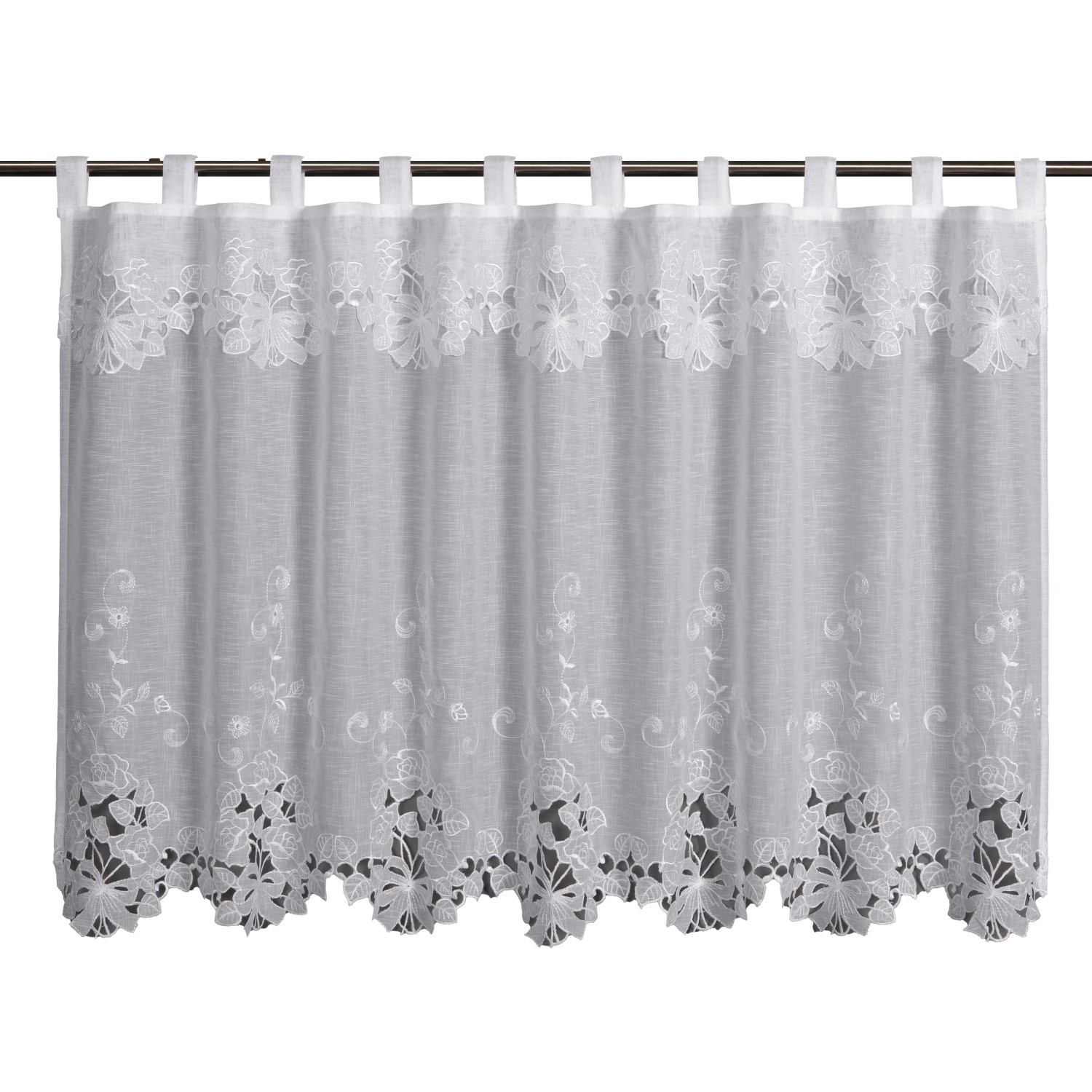 Weiße Sehlbach Bistrogardine mit Rosenbouquet-Stickerei und Schlaufenaufhängung, 135x75 cm.