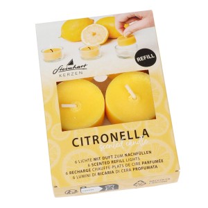 Steinhart Citronella Duftkerzen Refill, 6er-Pack. Gelbe Teelichter im Karton mit Zitronen.