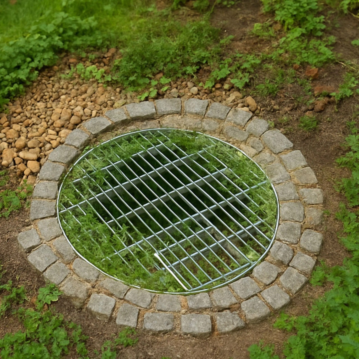 Verzinktes Intergarden Abdeckgitter (Ø 66 cm) für Brunnen, Becken und Wasserspiele. Belastbar bis 250 kg.
