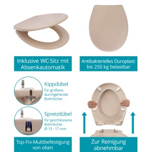 Calmwaters Stand-WC Set, beige: Details zum WC-Sitz mit Absenkautomatik, Befestigung und Reinigung.