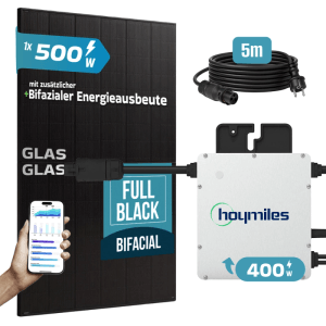 SUNNIVA Balkonkraftwerk 500W mit Wechselrichter, Solarmodul, Kabel. Bifazial, Fullblack Glas-Glas.