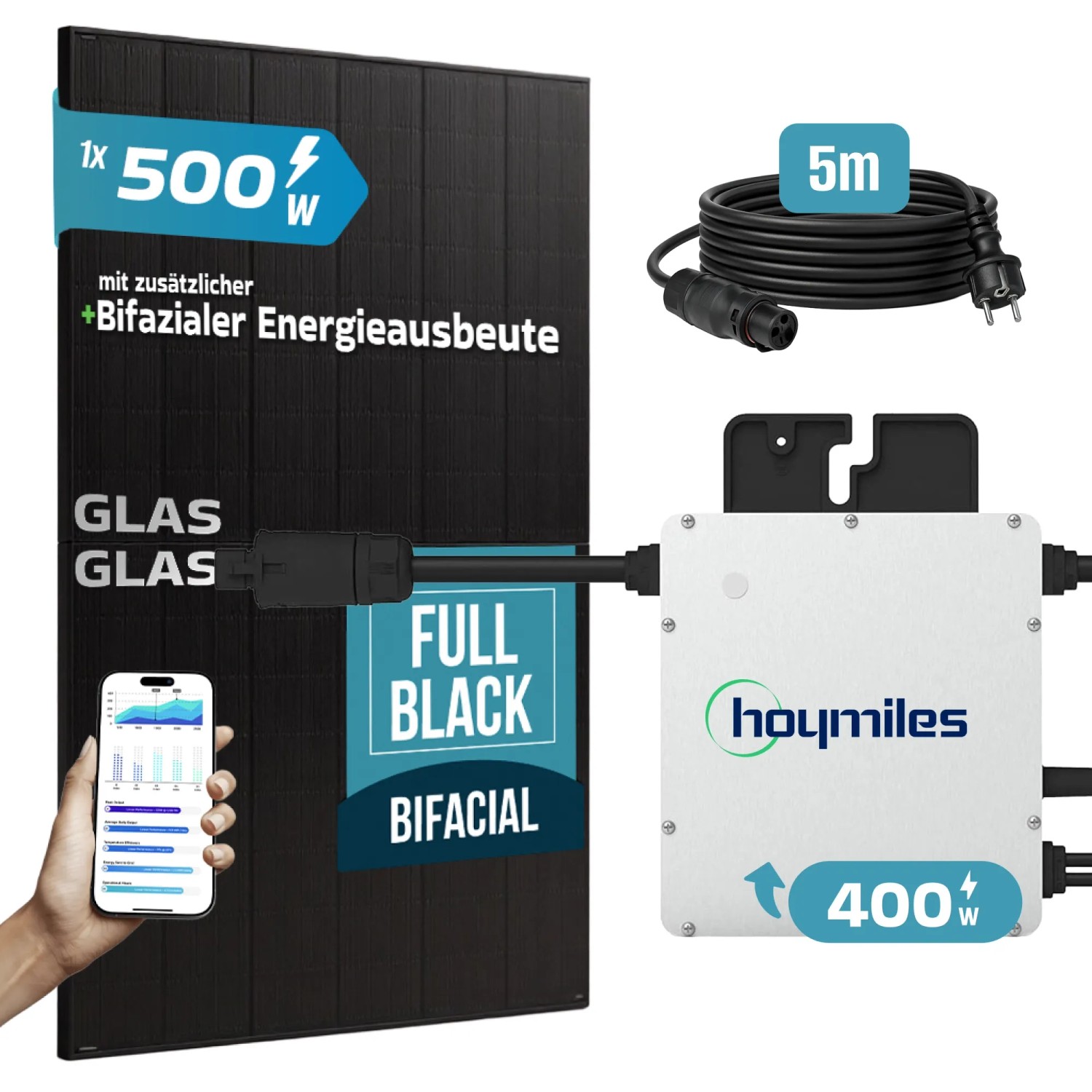 SUNNIVA Balkonkraftwerk 500W mit Wechselrichter, Solarmodul, Kabel. Bifazial, Fullblack Glas-Glas.