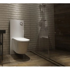 Glasdeals Sanitärmodul mit Wand-WC und Betätigungsplatte aus Weißglas vor grauer Wand.