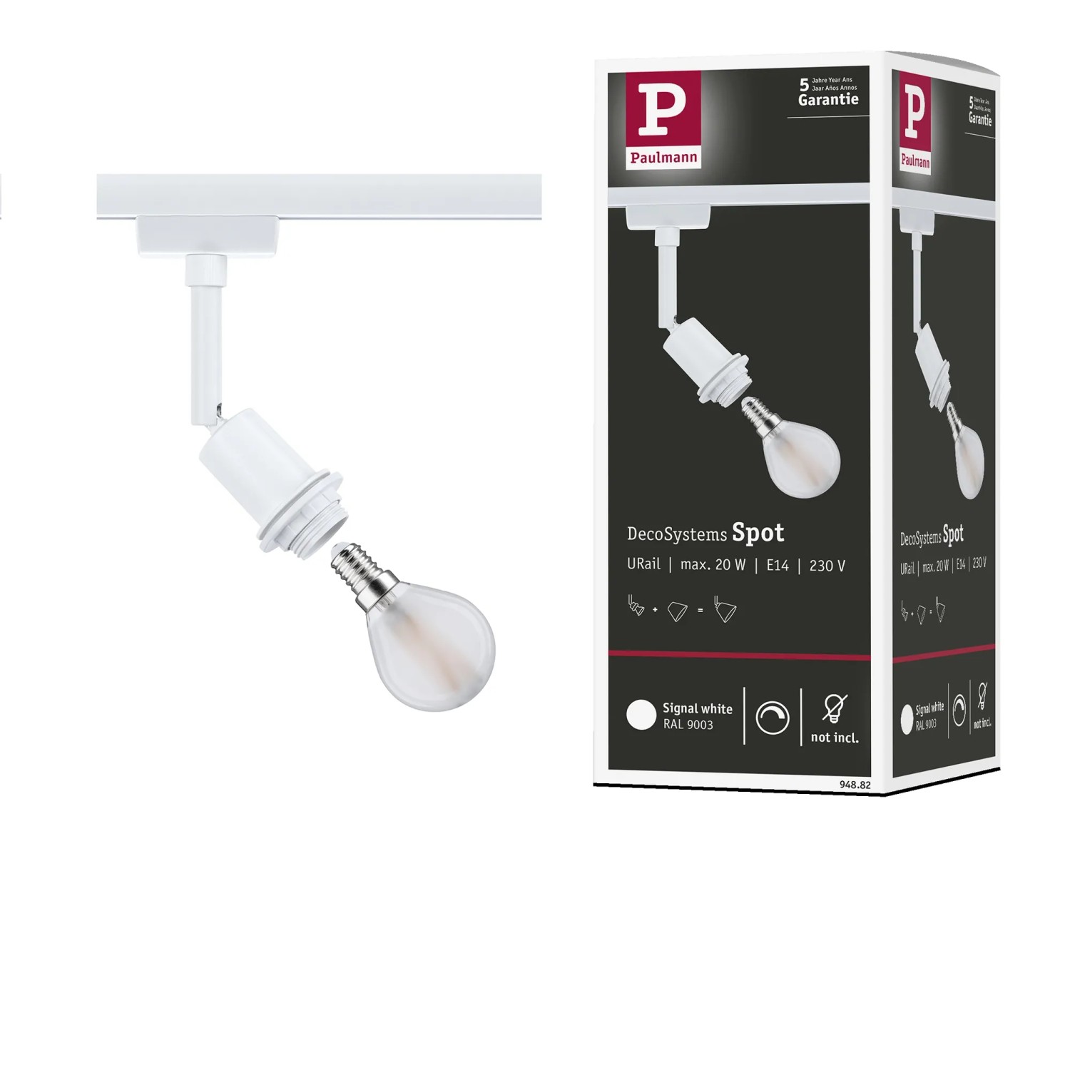 Paulmann URail Schienenspot Basic, signalweiß, mit E14 Fassung und Leuchtmittel, Teil des flexiblen Schienensystems.