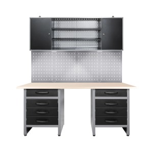 Ondis24 Werkstatt Set Bernd 160 cm mit Werkbank, Schrank, Lochwand und LED-Leuchten.