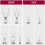 Verschiedene Leuchtmitteltypen: E27, E14, GU4, G4, GU10, COIN, G9, GU5.3, GY6.35 mit Maßangaben.