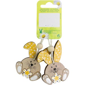 Holz-Hasen-Set, gelb, 2 Stück, Osterdekoration zum Aufhängen mit Blumenmuster.