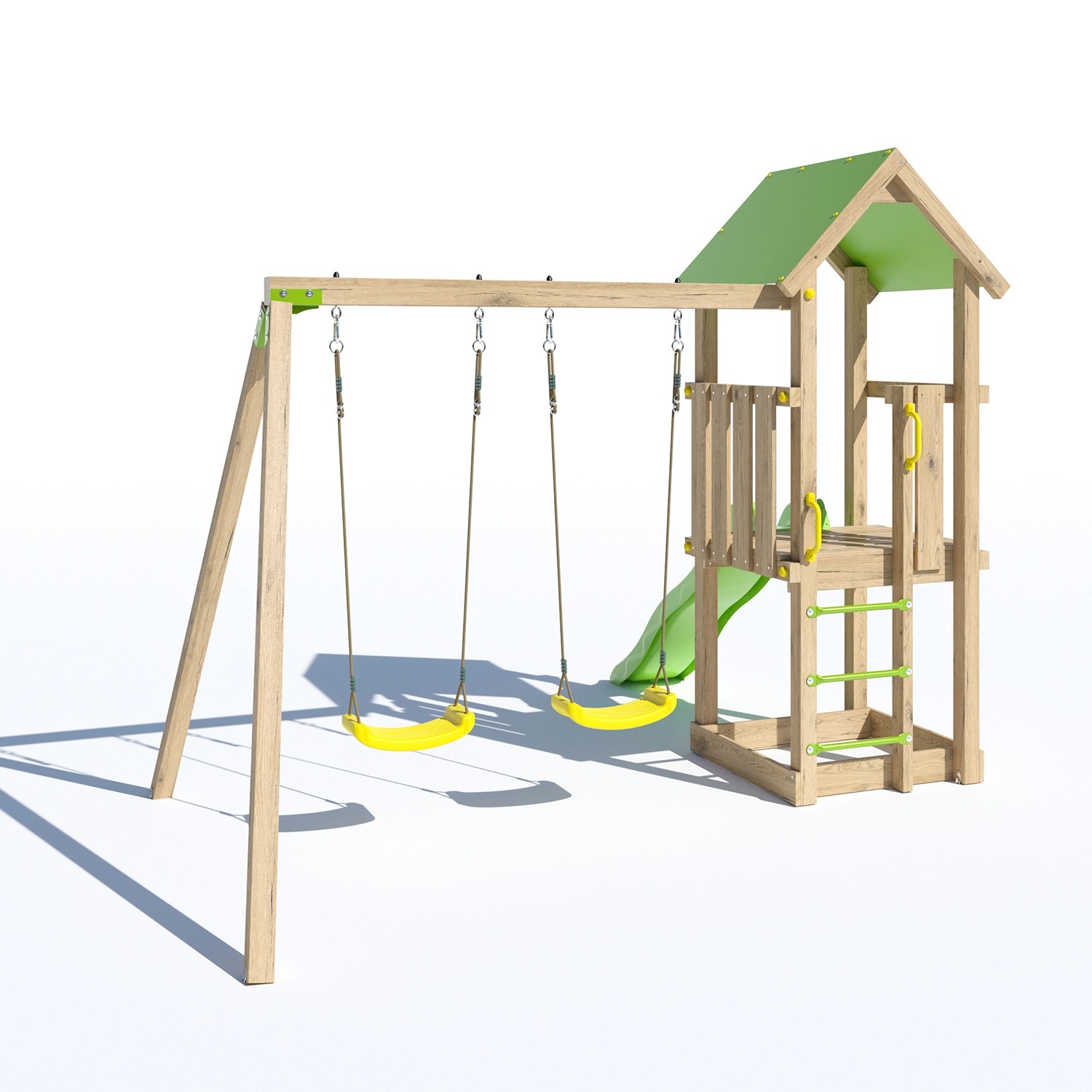 Trigano Spielturm mit Rutsche, Schaukel und Sandkasten für Kinder.