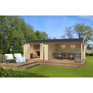 Lasita Gartenhaus Amarillo, 710x330 cm, naturbelassen, mit Terrasse und Gartenmöbeln.