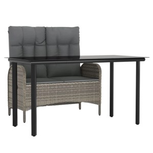 Graue 2-tlg. Garten Essgruppe: Rattanbank mit Kissen und Tisch mit Glasplatte. Gartenmöbel Set für Terrasse.