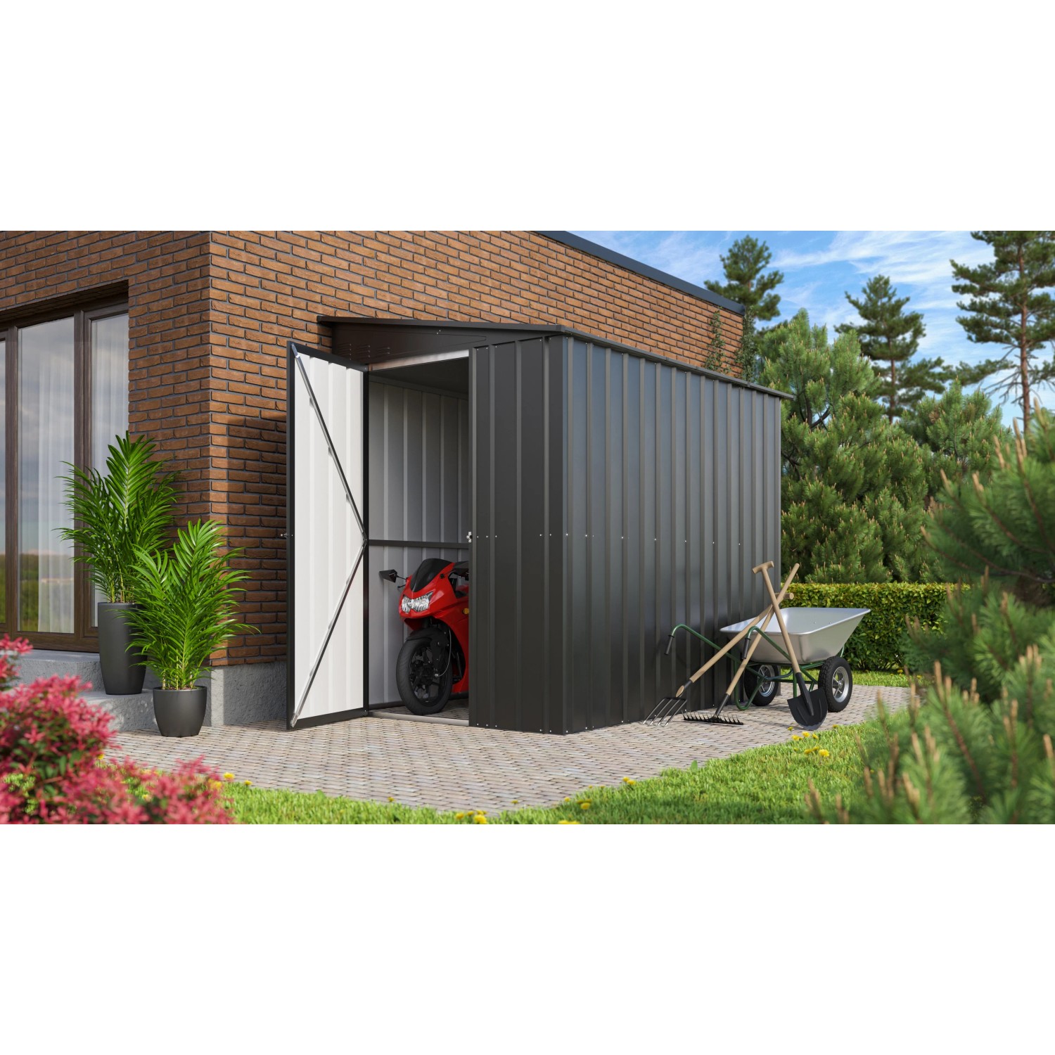 Globel Metall-Anlehngerätehaus Lean-To in Anthrazit mit geöffneter Tür, darin ein Motorrad.